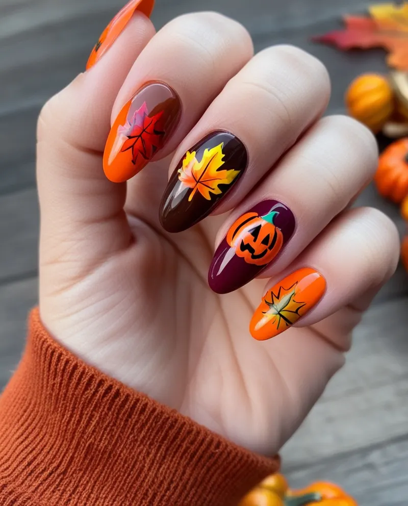 Cozy fall nails with autumn leaves and pumpkin designs.