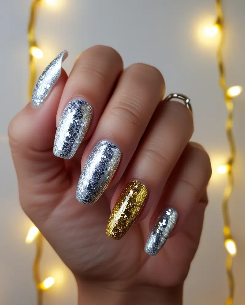 Glittery Winter Christmas Nails shining with silver and gold tones, ideal for holiday celebrations.