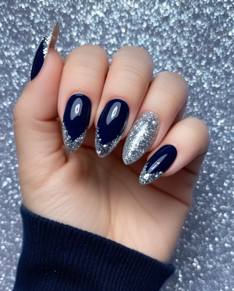 Navy blue nails with silver glitter for a shiny and sophisticated style.