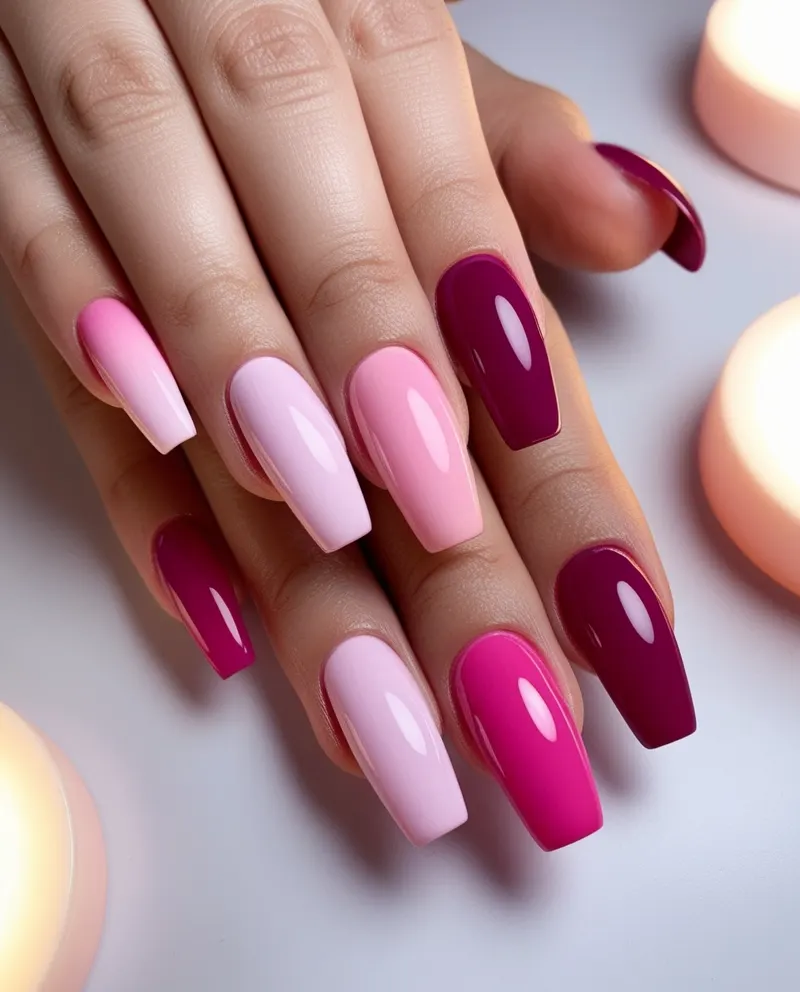 Pink ombré nails with a smooth gradient transition for a dreamy effect.