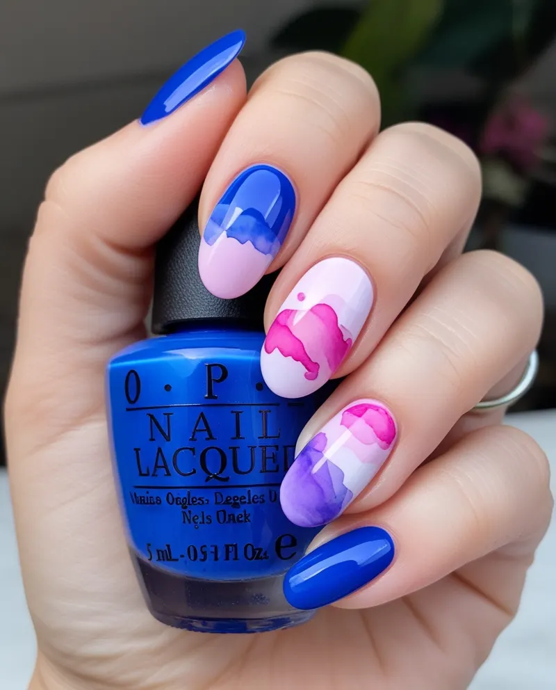 Blue nails with watercolor effects for a creative Valentine’s look.