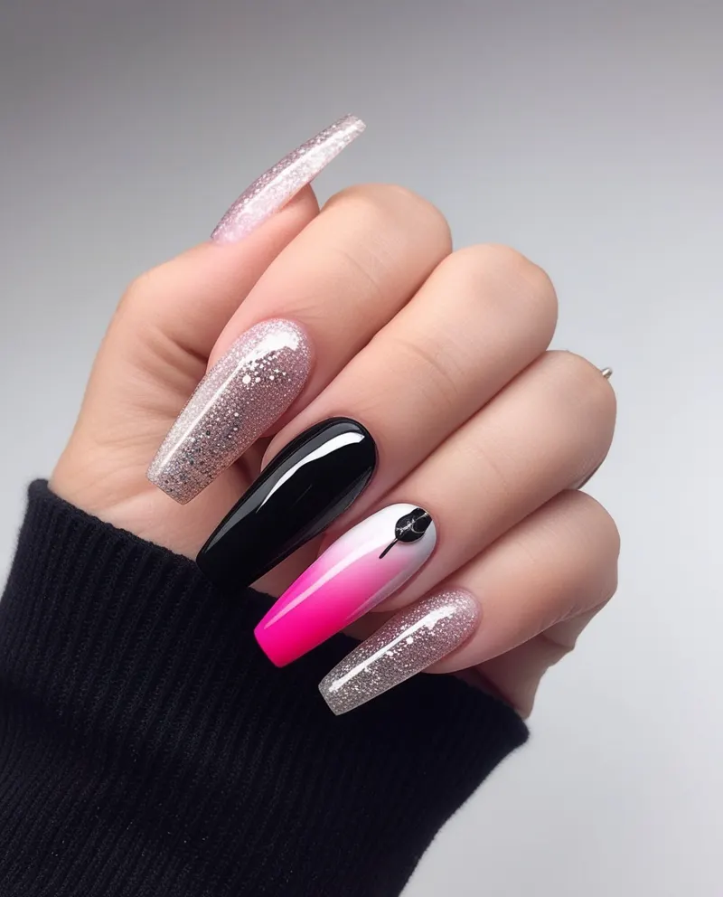 Long coffin-shaped nails with bold glitter and stripe designs.