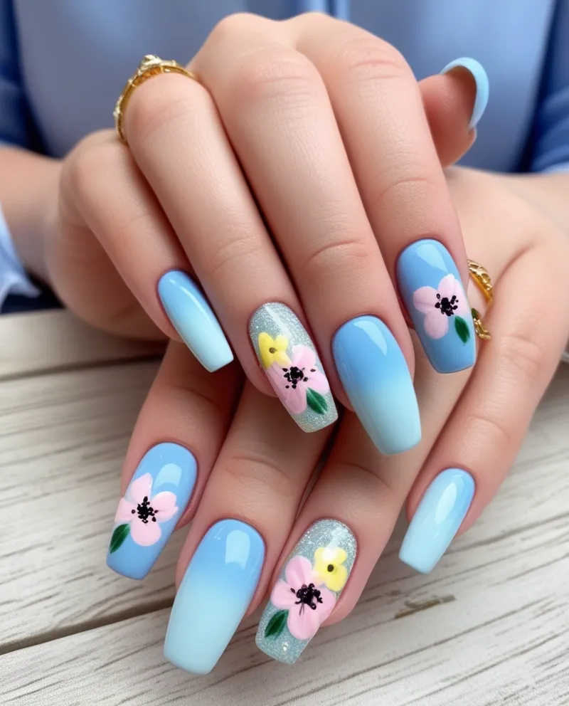 Light Blue Spring Nail Designs with floral and pastel gradients.