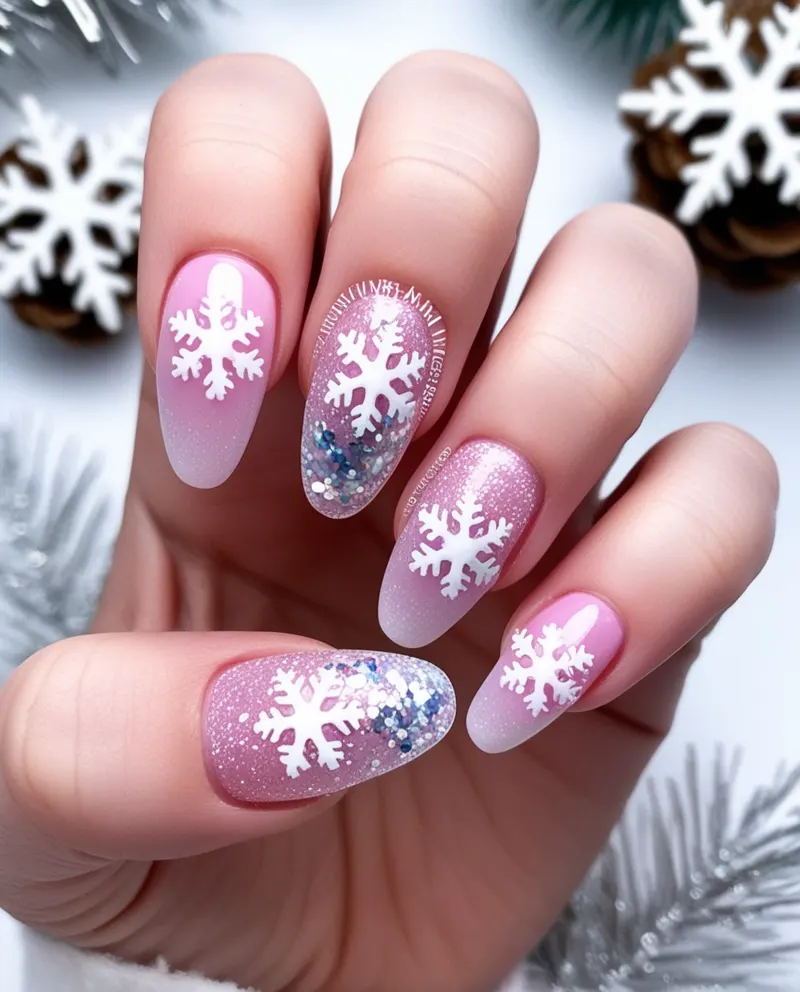 Pink December nails with frosty designs perfect for the holiday season.