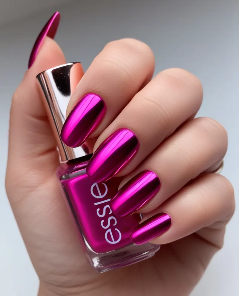 Shiny metallic pink nails with a bold, glamorous summer look.