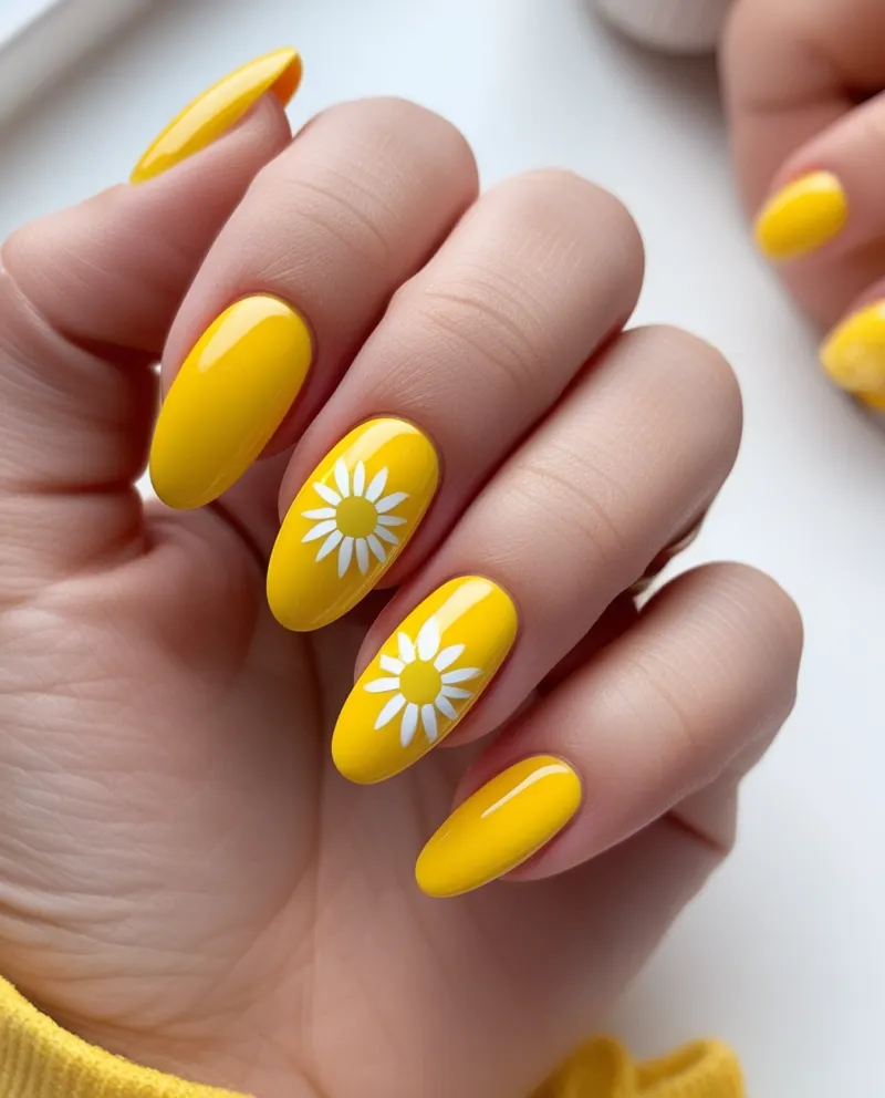 Bright yellow nails with floral and sunshine designs for a summer vibe.