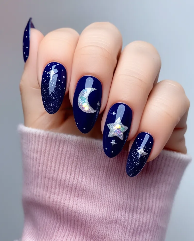 Blue nails with moon and star patterns for a dreamy Valentine’s look.