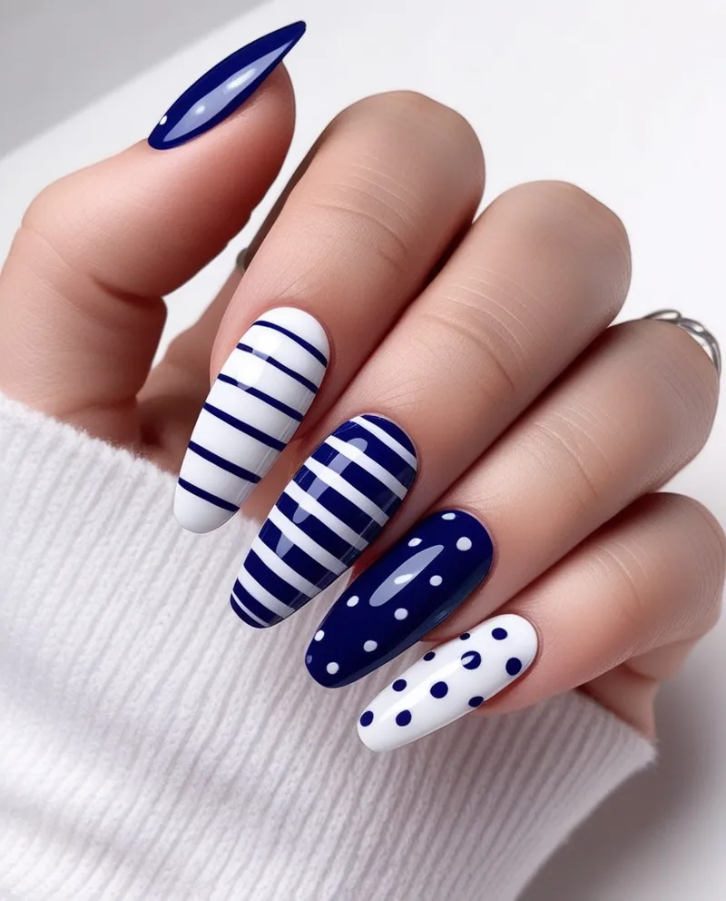 Clean White and Blue Nail Designs with stripes and polka dots.