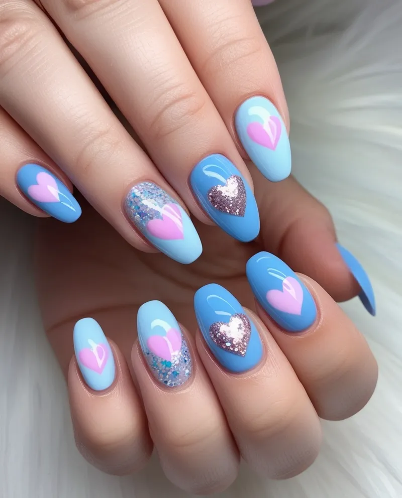 Romantic Blue Valentine Nail Designs with hearts and glitter.