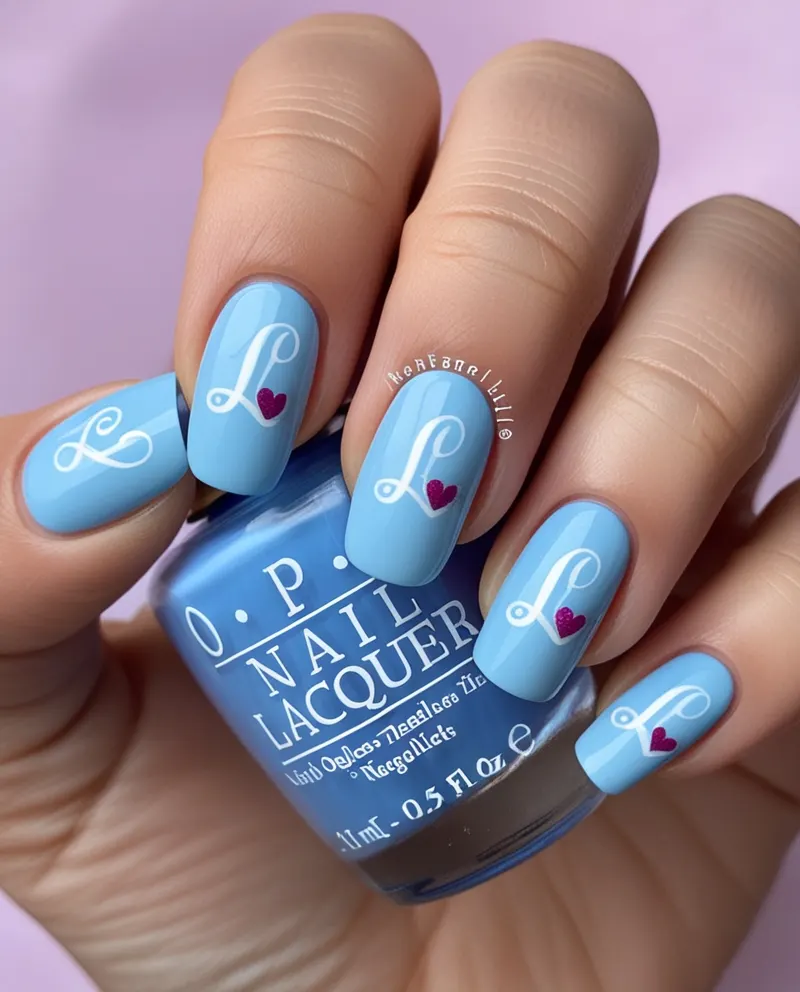 Blue nails featuring love letters for a sweet Valentine’s touch.