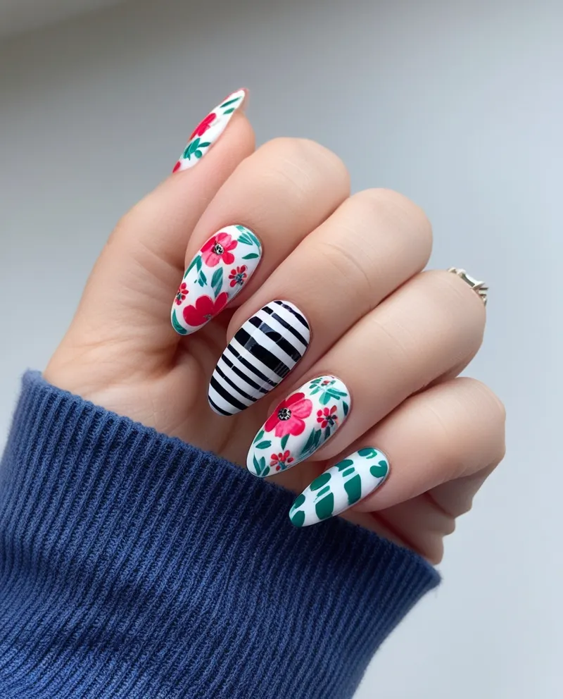 Fun fingernail designs with floral and geometric patterns.