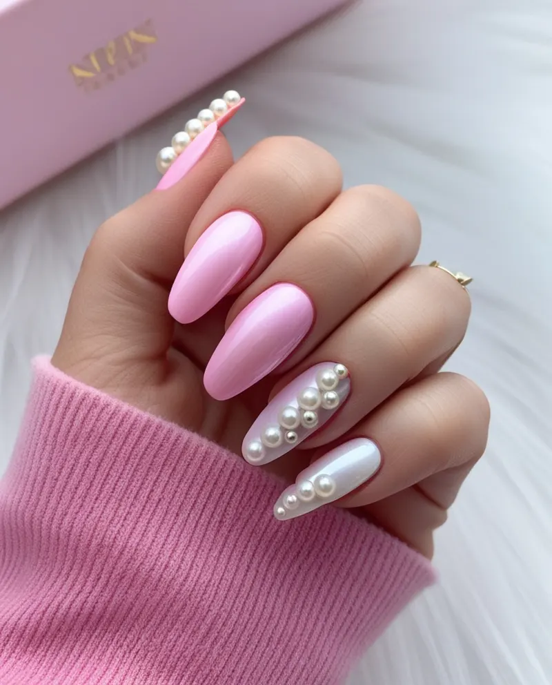 Elegant pink nails with pearl accents for a classy summer look.