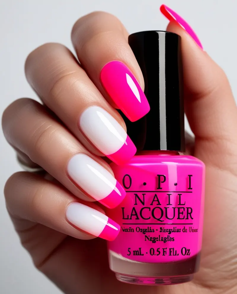 Minimalist nails featuring bold neon pink tips for a trendy look.