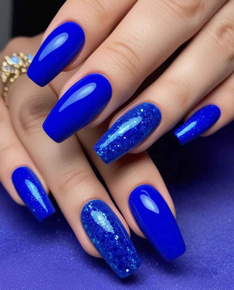 Long-lasting Blue Dip Powder Nail Designs with solid blue and glitter finishes.