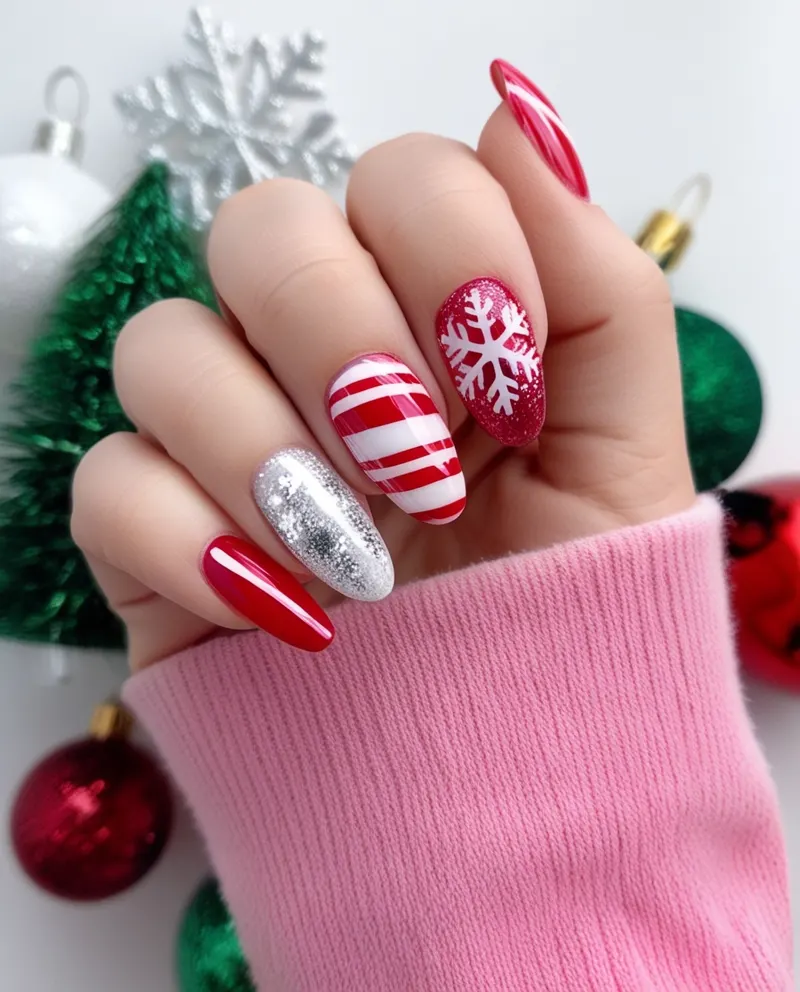 Festive pink Christmas nails with holiday-themed designs.