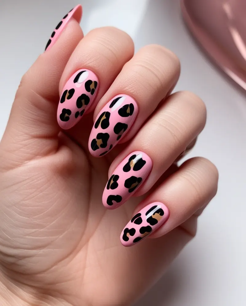 Fun pink nails decorated with black leopard print for a wild summer style.