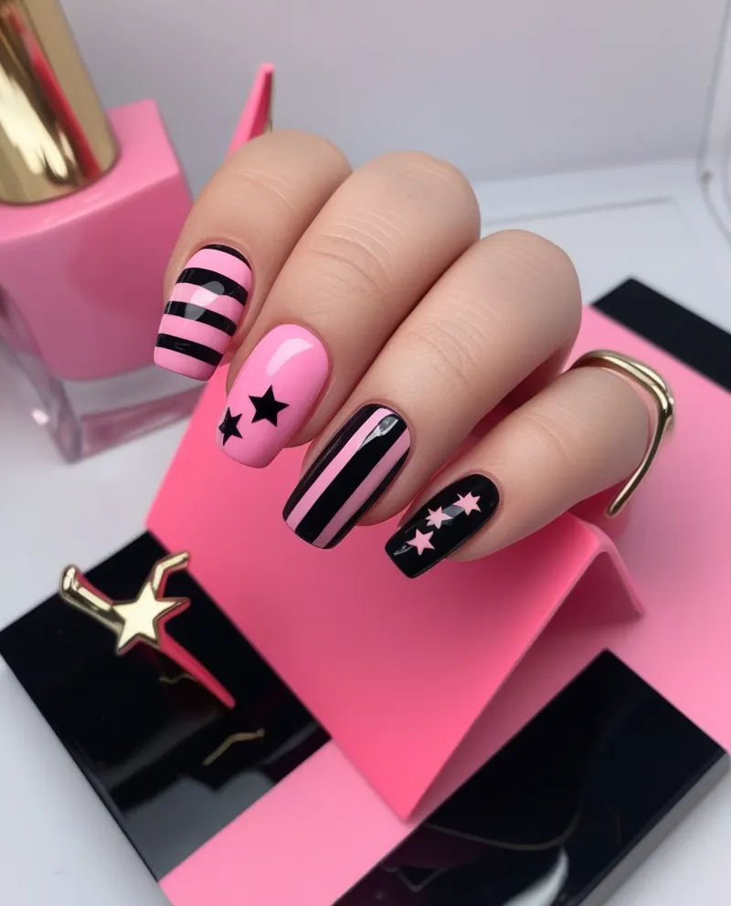 Bold black and pink nails with creative patterns for a trendy look.