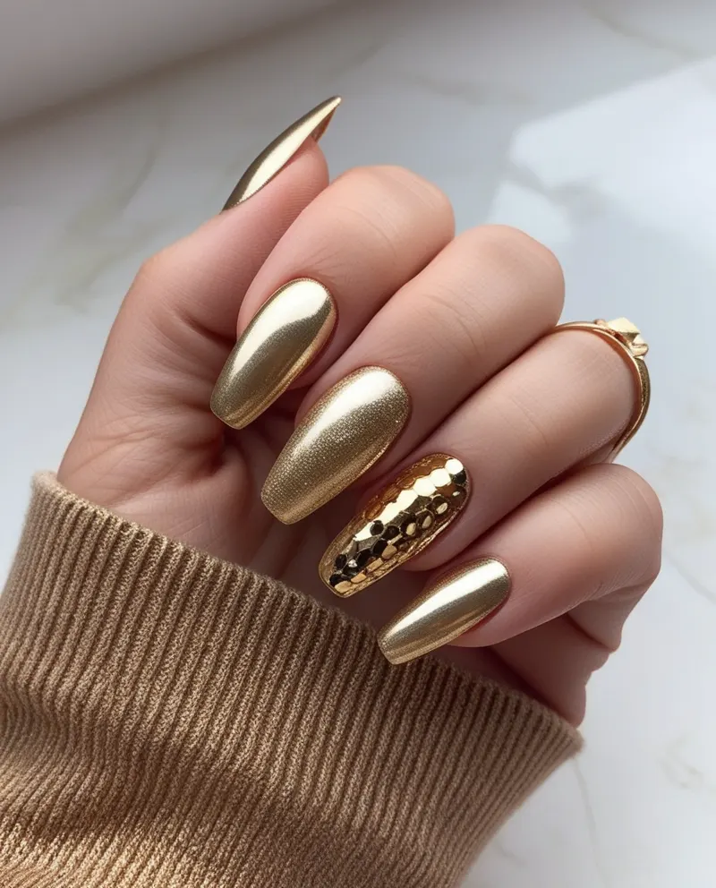 Elegant gold nails with solid gold polish or gold accent designs.