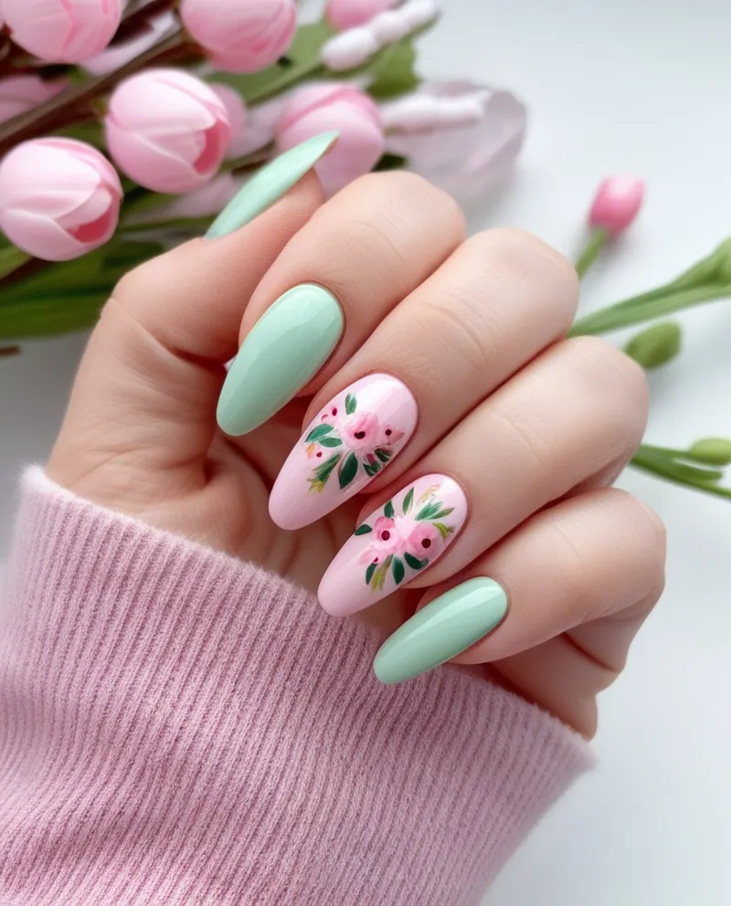 Fresh green and pink nails with delicate flower patterns for spring vibes.