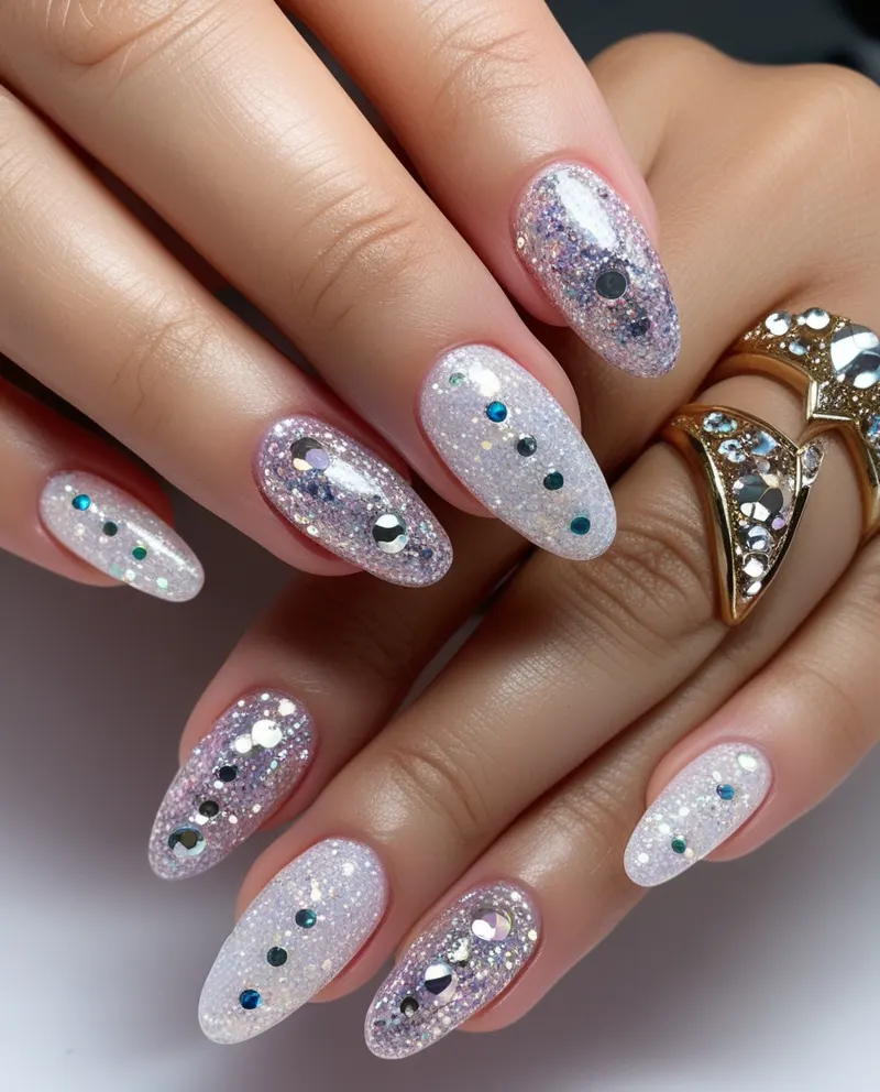 Glamorous glitter nails with sparkling glitter and rhinestone accents.