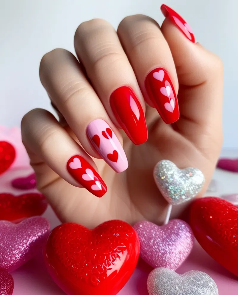 Vibrant red and pink nails perfect for romantic occasions.