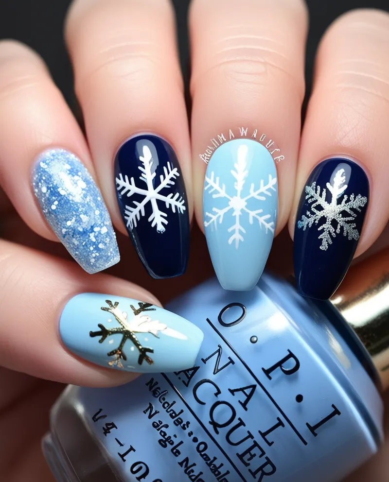 Blue Nail Designs with snowflake patterns and glitter for a wintery look.