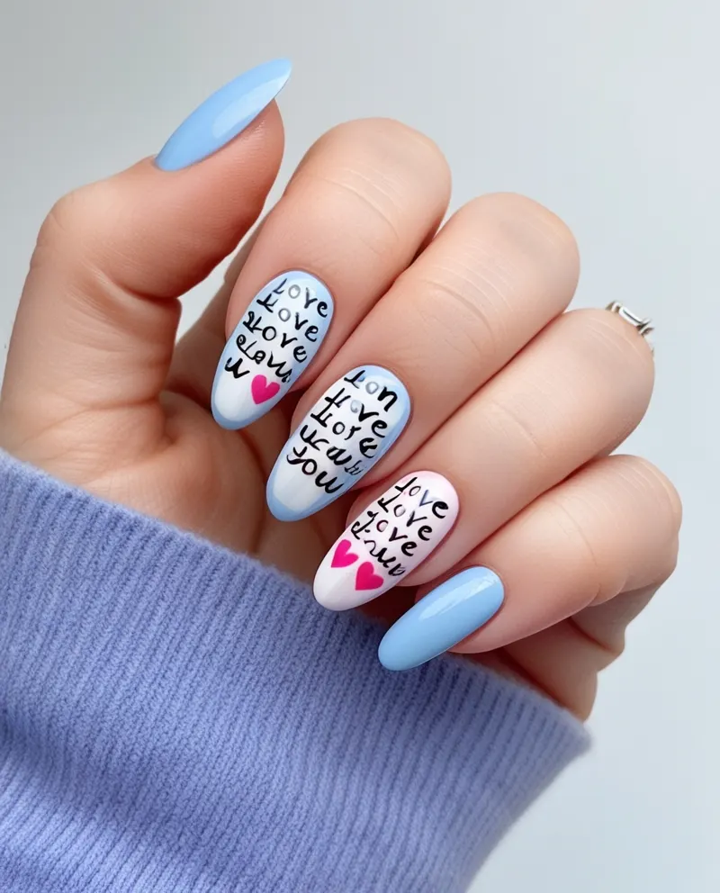 Blue nails featuring cute love letter details for Valentine’s Day.