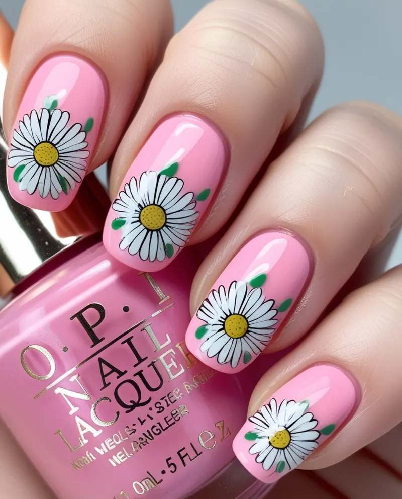 Pink nails decorated with delicate white floral designs and green accents.