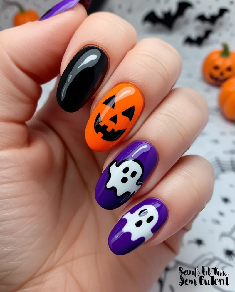 Spooky Halloween nails with pumpkins, bats, and ghost illustrations.