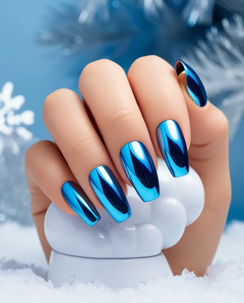 Icy blue chrome nails with a shiny metallic finish, ideal for Blue Christmas Nails.