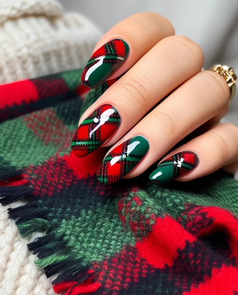 Cozy Plaid Winter Christmas Nails in red, green, and black for a stylish seasonal look.