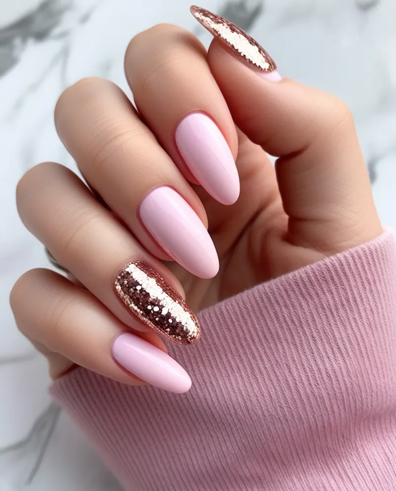 Soft pink nails with rose gold glitter accents for a glamorous touch.