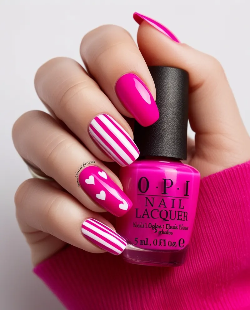 Hot pink nails with vibrant designs like stripes and hearts.