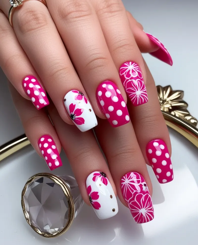 Clean white and pink nails with simple yet elegant patterns.