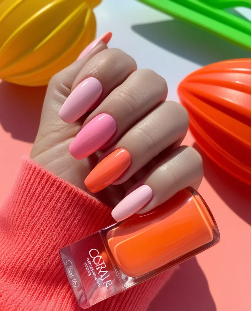 Energetic orange and pink nails with a playful summer vibe.