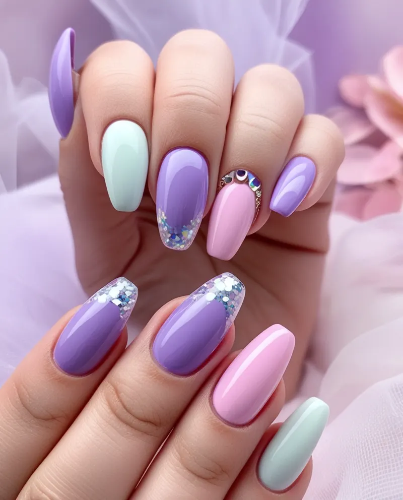 Stylish purple and pink nails with soft hues and sparkle.