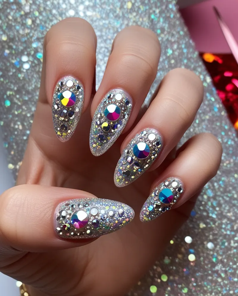 Sparkly nails with glitter and rhinestone accents for a festive feel.