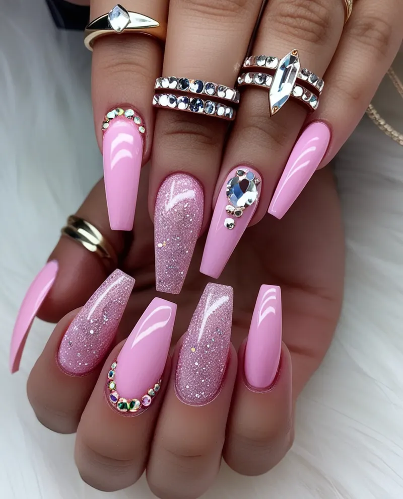 Trendy coffin pink nails with glamorous embellishments.