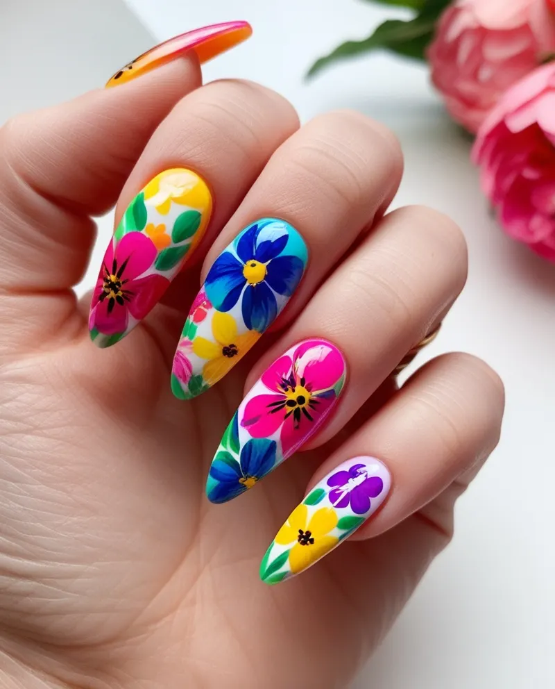 Floral nails with colorful flower designs for a feminine look.