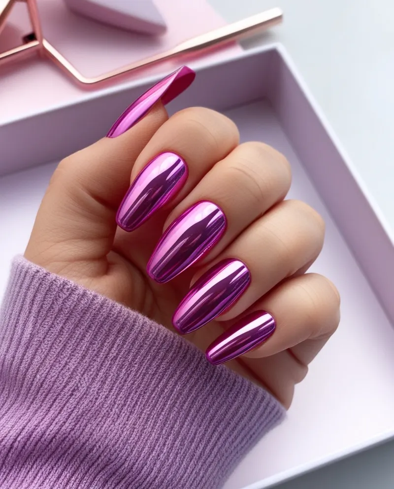 Sleek chrome pink nails with a futuristic look.