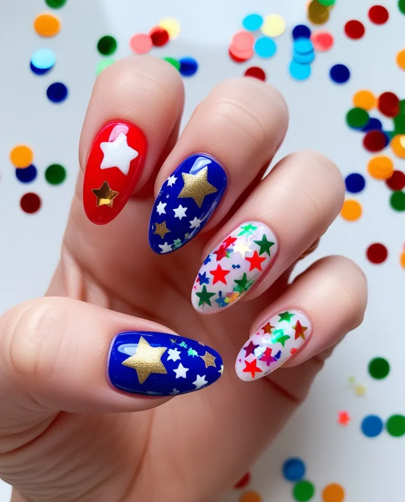 Fun festive nails with stars and confetti designs for a party-ready look.