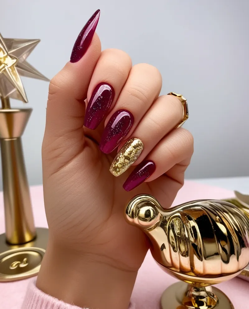 Bold dark pink nails with a rich and elegant design.