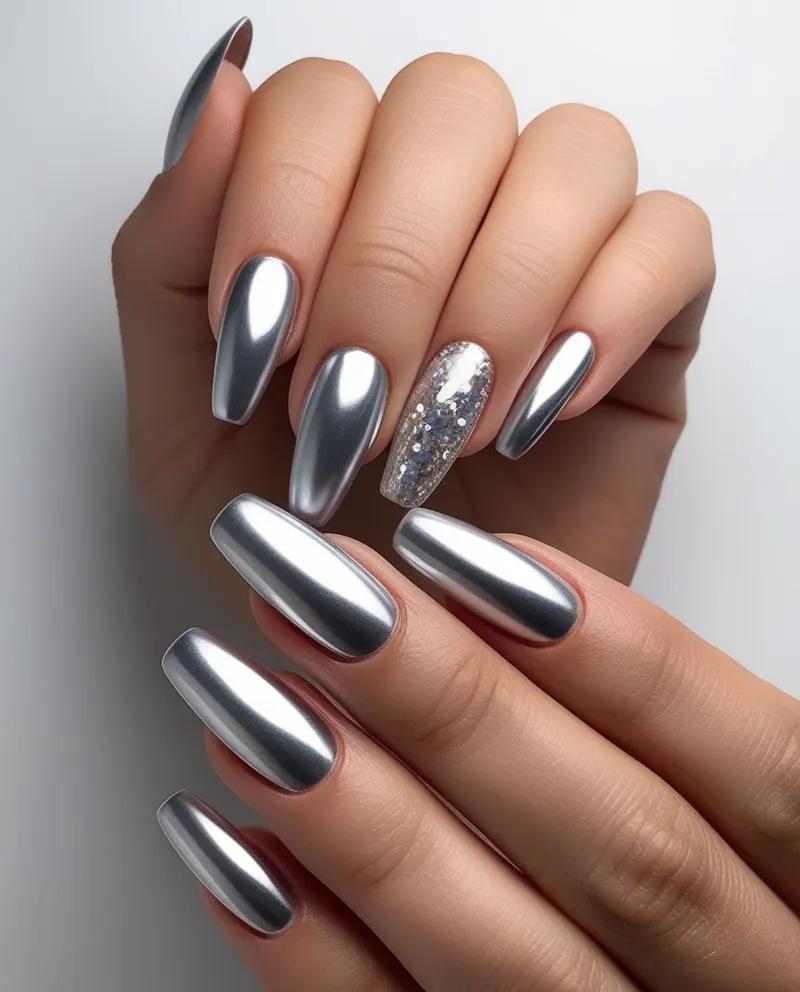 Stylish silver nails with metallic finishes and glitter accents.