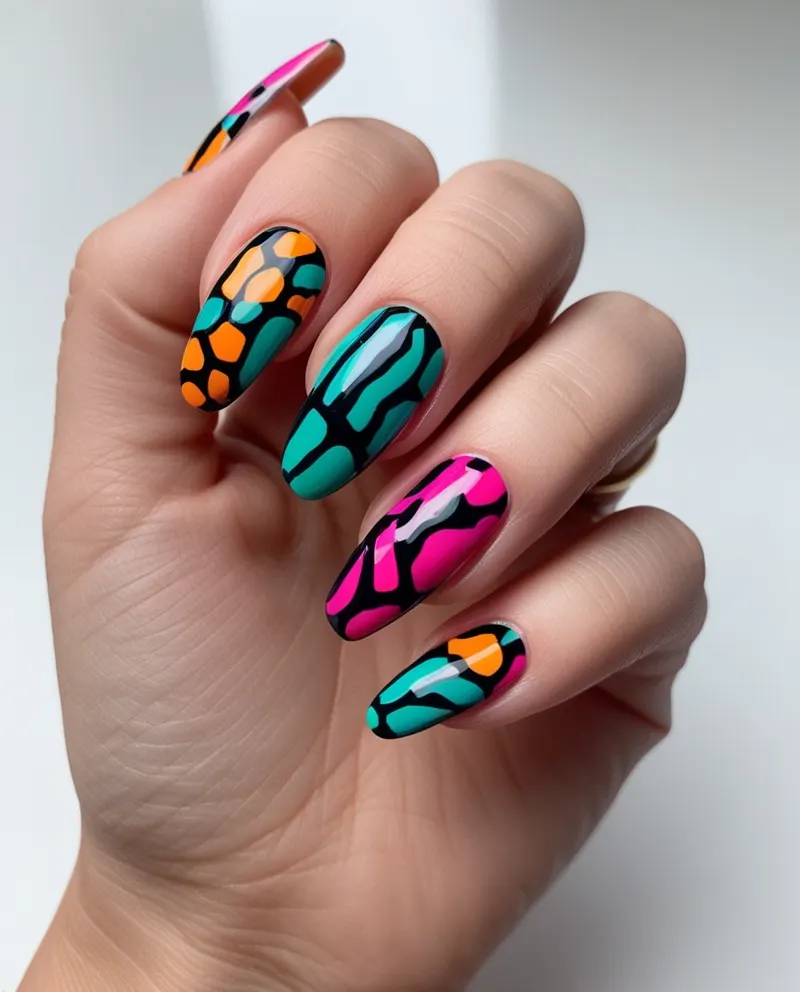 Abstract nail designs with bold patterns and vibrant colors.