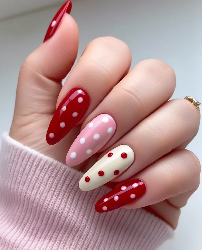 Vintage nails with retro colors and polka dot designs.