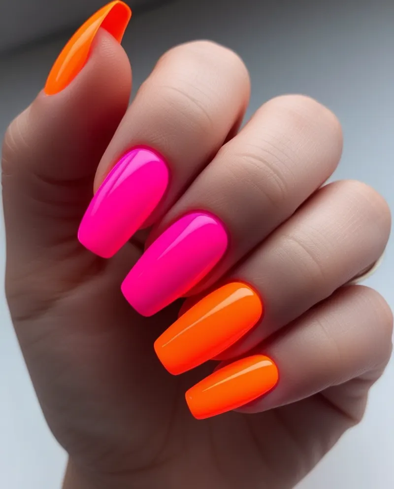 Fun neon French tip nails with bright and bold tips.