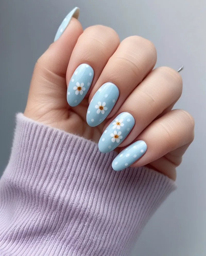 Soft Baby Blue Nail Designs with polka dots and tiny flowers.