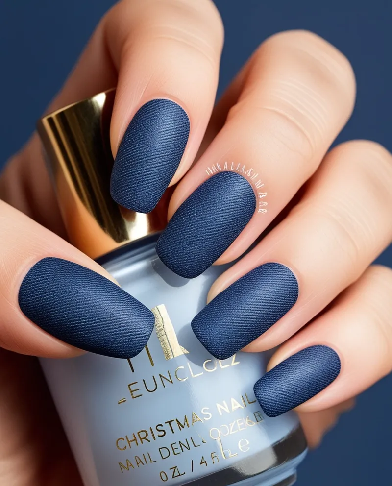 Denim blue nails with a matte textured finish, a casual and stylish Blue Christmas Nails design.