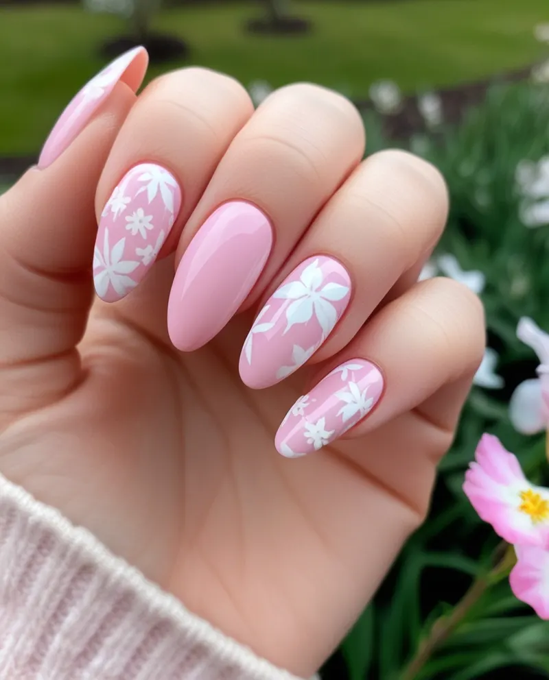 Pastel pink nails with intricate white floral designs, perfect for spring and special events.