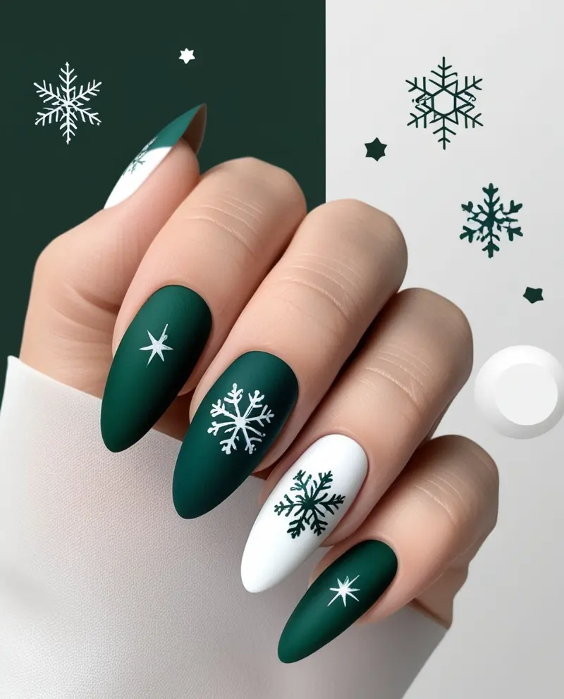 Modern Matte Winter Christmas Nails with snowflake and star accents for a sleek holiday design.